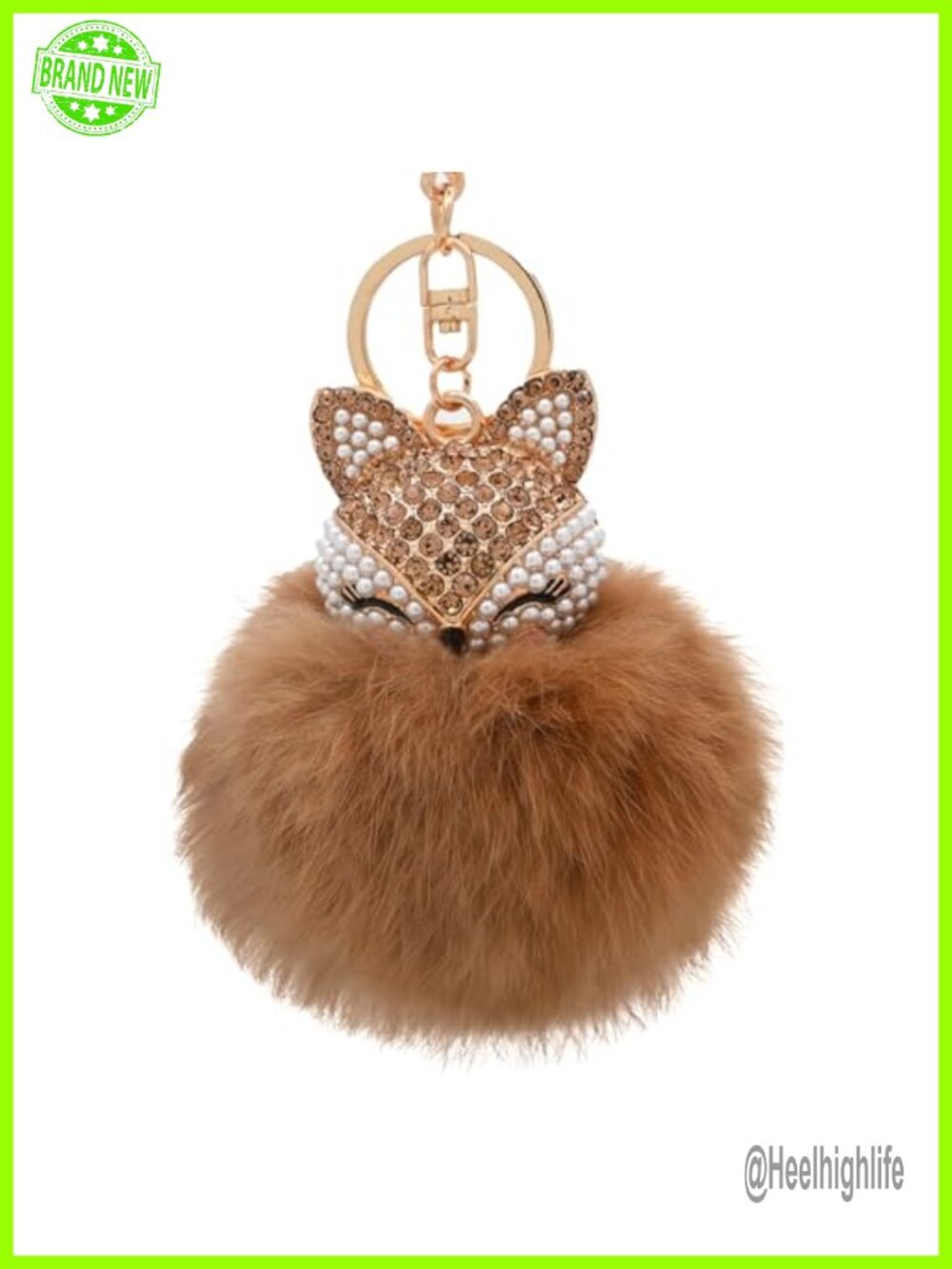 Fox Keychain with Real Rabbit Fur Pom-Pom